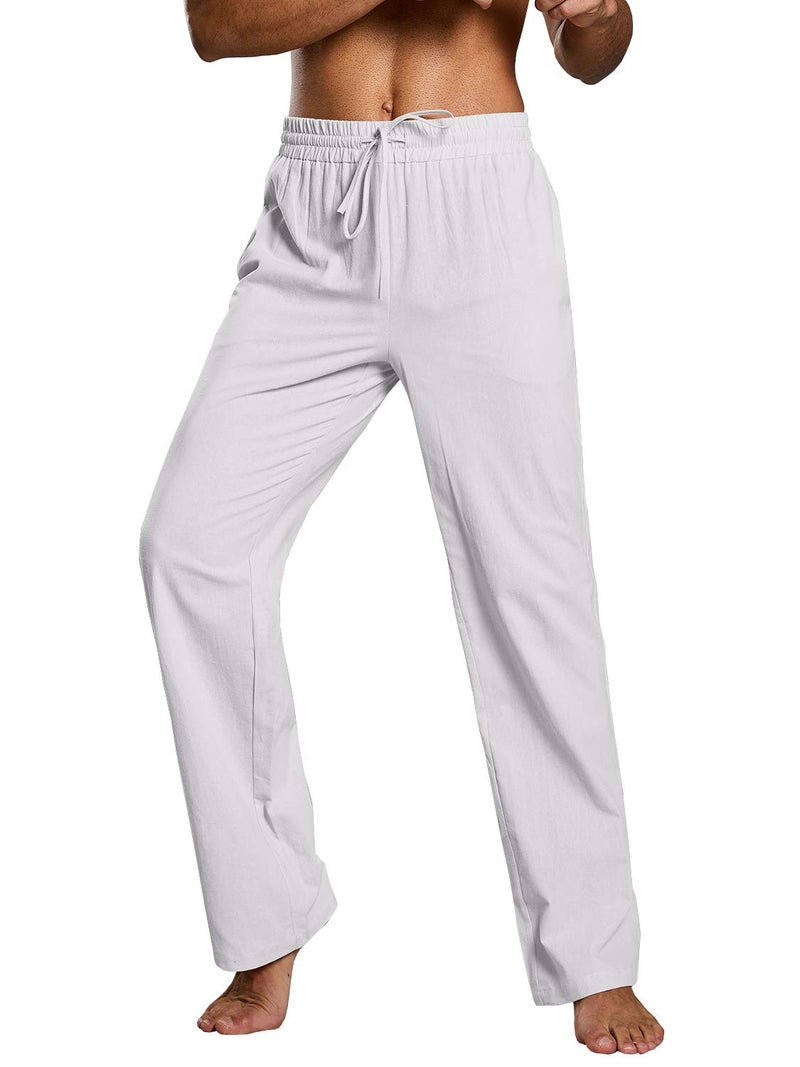 PASLTER Mens Casual Linen Pants Loose Fit Straight-Legs Elastic Drawstring Waist Summer Beach Yoga Long Pants B-White - Image 2